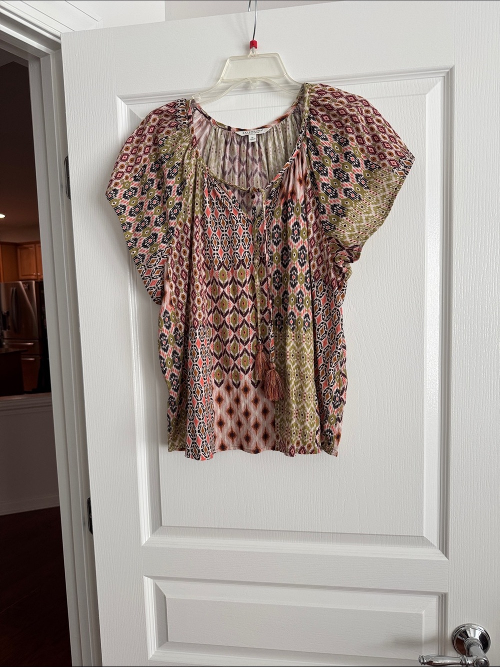 Liverpool Multi-Color Geometric Printed Peasant Blouse